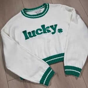 Sincerely Jules Lucky Shamrock Crewneck‎ Sweater Ivory Green Women's Size Small